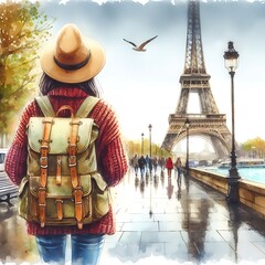  The image shows a man with a backpack looking up at the tower, which captures the moment of traveling and exploring 
