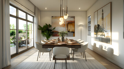 Wall Mural - A large, well-lit dining room with a white table and chairs