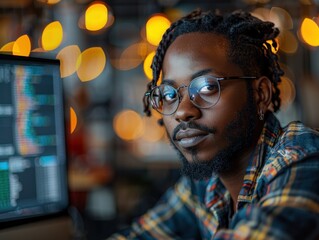 experienced software developer wearing glasses, focuses on computer screen.