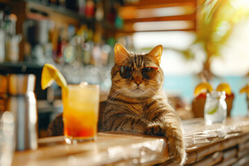 Poster - Cute cat in sunglasses sitting happily with a glass of juice at the bar counter in a cafe, summer holiday concept, tourism, banner with copy space
