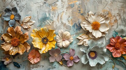 Wall Mural - Beautiful voluminous flowers, stucco molding on a plaster wall.