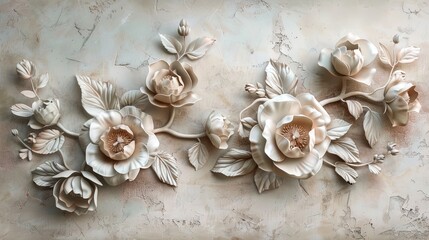 Wall Mural - Beautiful voluminous flowers, stucco molding on a plaster wall.