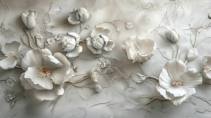 Wall Mural - Beautiful voluminous flowers, stucco molding on a plaster wall.