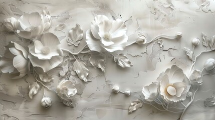 Wall Mural - Beautiful voluminous flowers, stucco molding on a plaster wall.