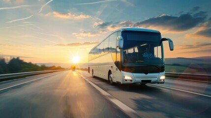 A white tourist bus drives on a highway at sunset.

