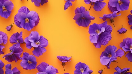 Wall Mural - Delicate voluminous purple flowers on a bright orange background.