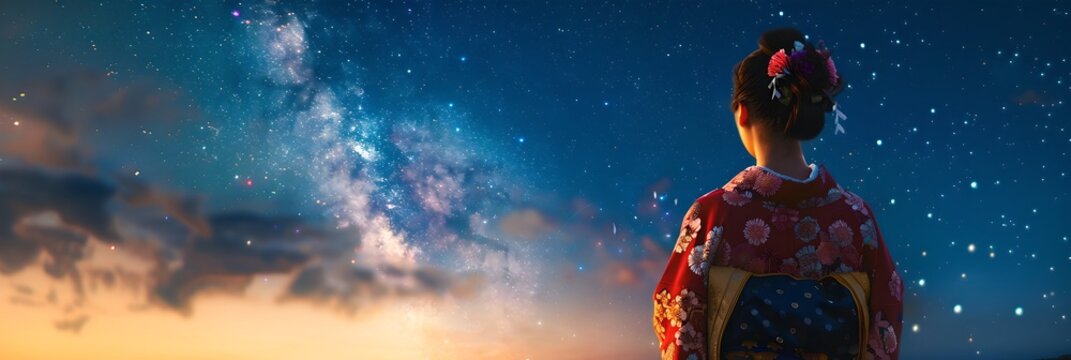 Asian woman in kimono looking at night stary sky. Tanabata festival concept. Japanese holiday and Japan culture. Design for greeting card, banner, header with copy space