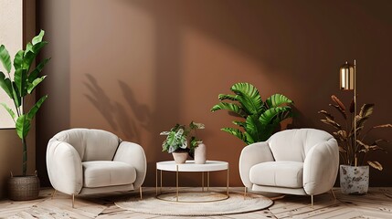 3D rendering of an interior design of a modern living room with two armchairs and a coffee table near the wall in a brown colored background
