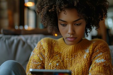 Poster - Woman sitting couch looking cell phone