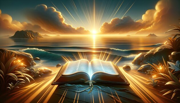 Bible 16. An open Bible by the sea with rocky shores and a cloudy sky during sunset