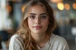 © Sandu - Woman with glasses sitting at table with food