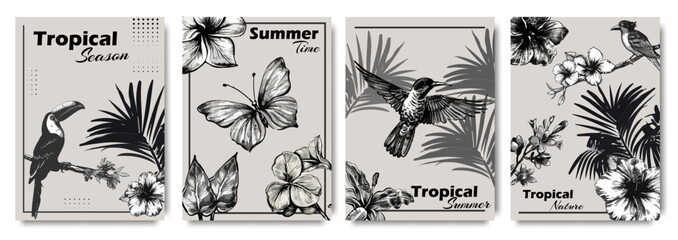 Wall Mural - Creative tropical posters with flowers, birds and leaves photocopy effect grunge stippling grain messy texture.   Trendy y2k aesthetic vector illustration banner, cover,  label, poster, ads.