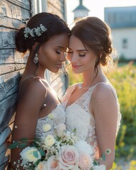 Wall Mural - Beautiful couple of multiracial LGBT woman in wedding dresses on church background.