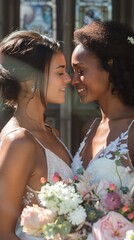 Wall Mural - Beautiful couple of multiracial LGBT woman in wedding dresses on church background.