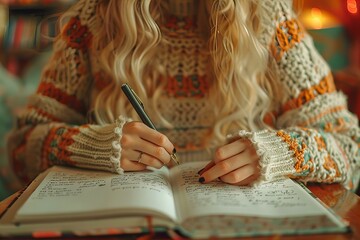 Person writes in book with pen and bookmark