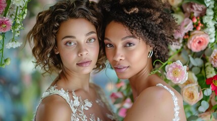 Wall Mural - Multiracial LGBTQ couple in wedding dresses on background with flowers.