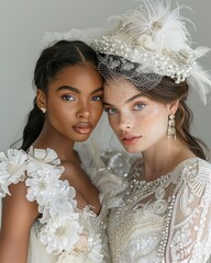 Wall Mural - Glamour couple of multiracial LGBTQ women in wedding dresses on studio background.