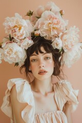 beautiful caucasian brunette model with pink peonies  flower crown on her head, face beauty closeup portrait. Bridal wedding fashion vertical shot.