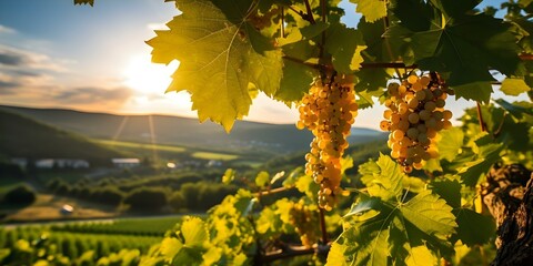 Wall Mural - Sunset setting over a beautiful vineyard with grapes growing. Concept Sunset Views, Vineyard Scenery, Grape Harvest, Golden Hour Photography, Nature Landscapes