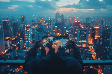 Sticker - Person holding tablet with world map in front of city