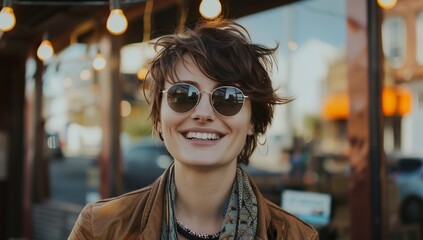 Wall Mural - a woman with sunglasses and a scarf around her neck smiling at the camera with a city street in the background..