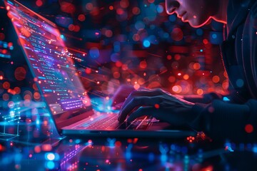 Someone typing laptop colorful background
