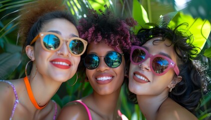 Wall Mural - three women wearing sunglasses are posing for a picture together in the jungle with palm trees in the background