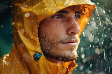 close-up photo of a male Caucasian eco-tourist collecting rainwater.