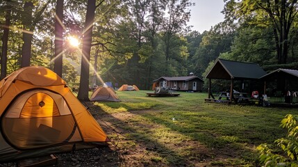 Wall Mural - a group of tents in a forest with the sun shining through the trees