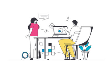 Fototapete - Best feedback outline web concept in modern flat line design. Clients leaving comments with satisfaction review and quality evaluation, giving positive rating in online survey. Vector illustration