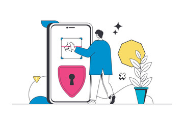 Fototapete - Biometric control outline web concept in modern flat line design. Man unlocking mobile phone with password access and face recognition system, touch screen for fingerprint id. Vector illustration