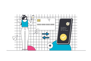 Fototapete - Money transfer outline web concept in modern flat line design. Woman using online banking service for sending or receiving financial transfer from credit card in mobile app. Vector illustration