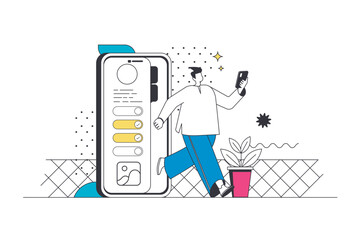 Wall Mural - mobile organizer outline web concept in modern flat line design. man managing daily time with online