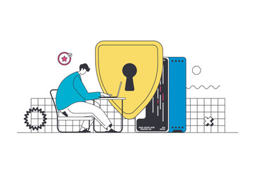 Fototapete - Network security outline web concept in modern flat line design. Man protecting personal data in internet with password shield protection access and firewall security system. Vector illustration
