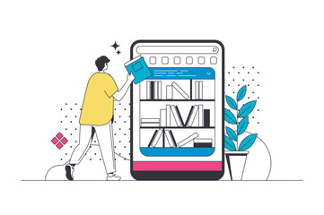 Fototapete - Online library outline web concept in modern flat line design. Man reading books at mobile app, buying digital books at internet bookshop, storing file archive at smartphone. Vector illustration