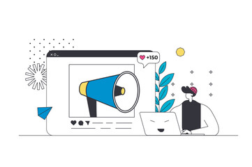 Wall Mural - outbound marketing outline web concept in modern flat line design. man making advertising for custom