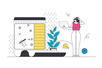 Wall Mural - Planning schedule outline web concept in modern flat line design. Woman creating work agenda and daily tasks at laptop, managing dates and meetings at calendar with notifications. Vector illustration