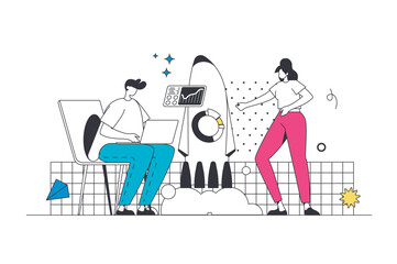 Wall Mural - Outsourcing company outline web concept in modern flat line design. Man and woman working from home office remotely, doing tasks online and collaborating with freelance team. Vector illustration