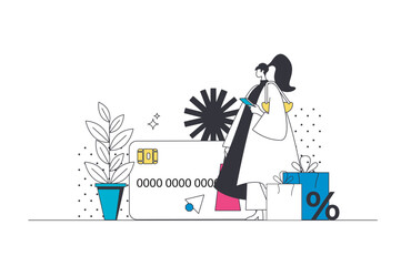 Aufkleber - Shop loyalty program outline web concept in modern flat line design. Woman shopping at store and getting rewards with special discount coupons, surprise gifts and internet bonuses. Vector illustration