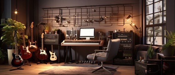 A realistic rendering of a home music studio with a keyboard, guitar, and microphone, warm ambient lighting, intimate and detailed 8K , high-resolution, ultra HD,up32K HD