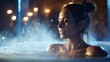 © ธนากร บัวพรหม - An indoor spa scene with a woman in a hot tub, bubbles and steam rising, soft focus on background, calm and relaxing atmosphere 8K , high-resolution, ultra HD,up32K HD