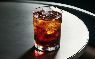 Glass of refreshing cola with ice on light table