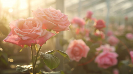 Wall Mural - Beautiful pink roses blooming in a greenhouse with sunlight and a blurred background of a flower garden or rose farm, in a closeup, real photo