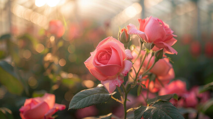 Wall Mural - Beautiful pink roses blooming in the greenhouse, sunlight and light, blurred background of greenhouses with other flowers