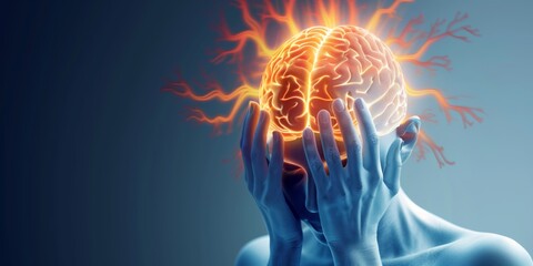 A conceptual digital illustration representing a brain on fire, indicating intense thinking, inflammation, migraine, or headache