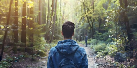 A man faces a dilemma at a crossroads in a deep forest, torn between a challenging path and a safe one. Concept Adventure, Decision Making, Nature, Crossroads, Dilemma