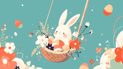 Sticker - 2d illustration design icon featuring an adorable rabbit with eggs and a basket hanging