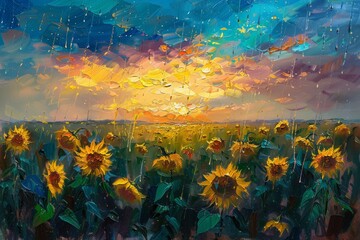 Wall Mural - A painting of a field of sunflowers with a cloudy sky in the background