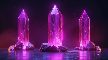 three pink crystals rest atop a purple and black surface, surrounded by a purple and black backgroun