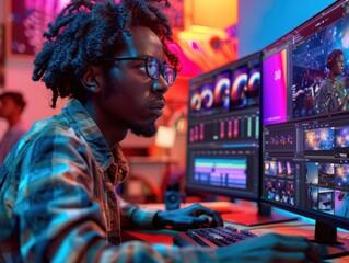 Man sitting in front of computer monitor, designing a new app